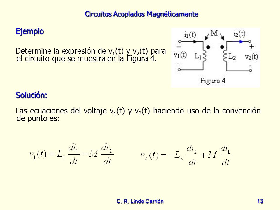 Ejemplo Determine la expresión de v1(t) y v2(t) para el circuito que se muestra en la Figura 4. Solución: