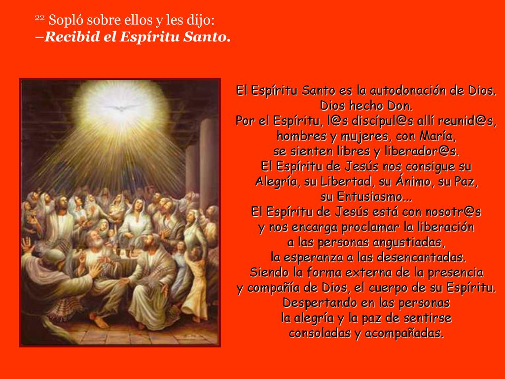 22 Sopló sobre ellos y les dijo: –Recibid el Espíritu Santo.