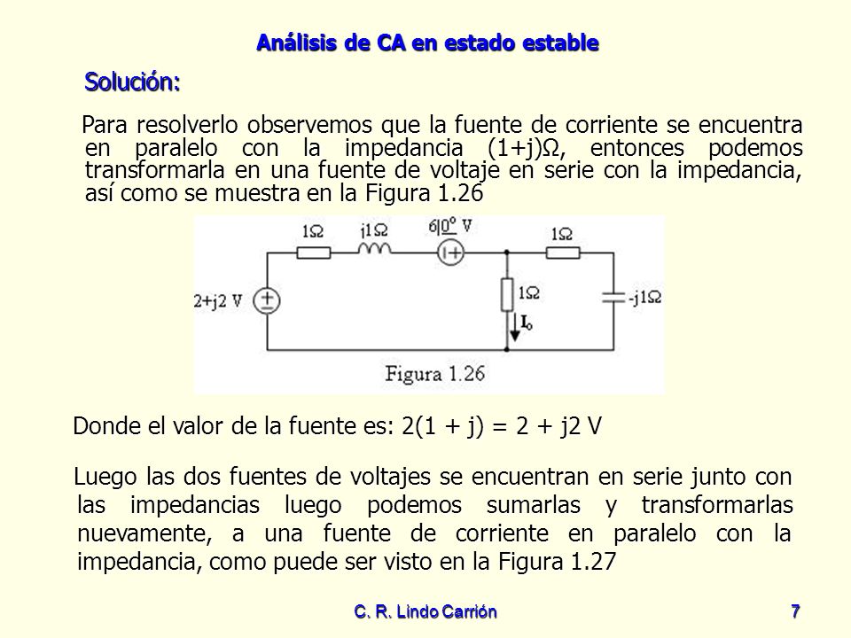 Donde el valor de la fuente es: 2(1 + j) = 2 + j2 V