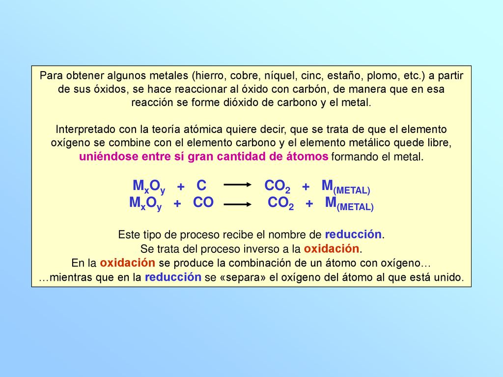 MxOy + C CO2 + M(METAL) MxOy + CO CO2 + M(METAL)