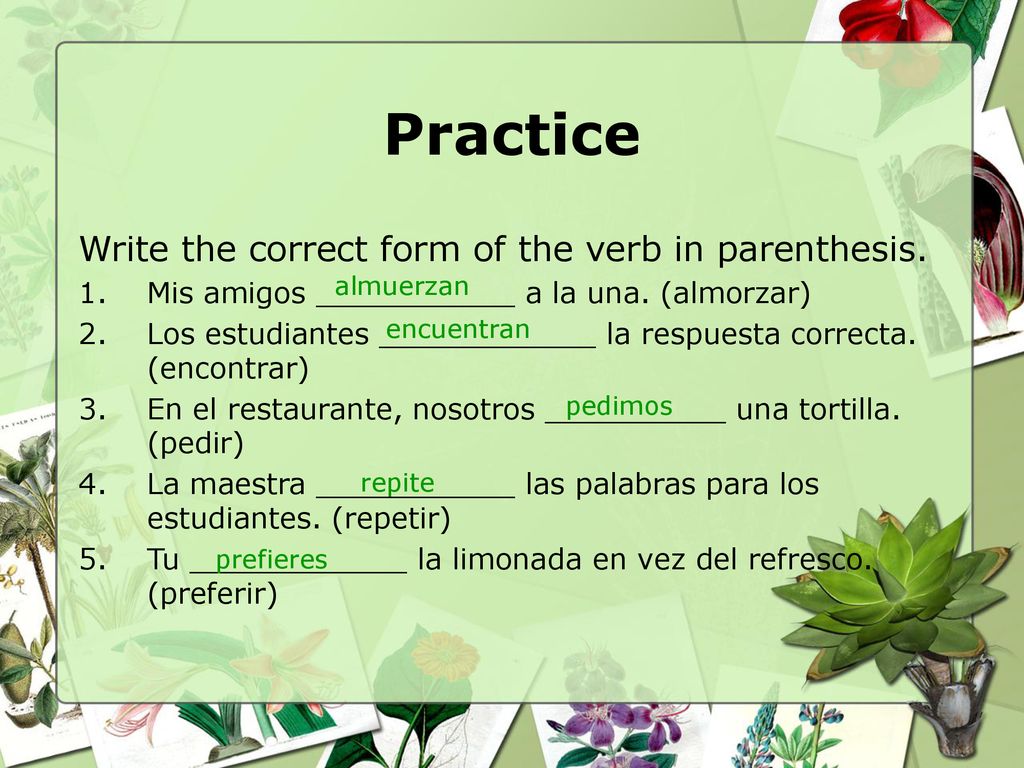 Practice Write the correct form of the verb in parenthesis.