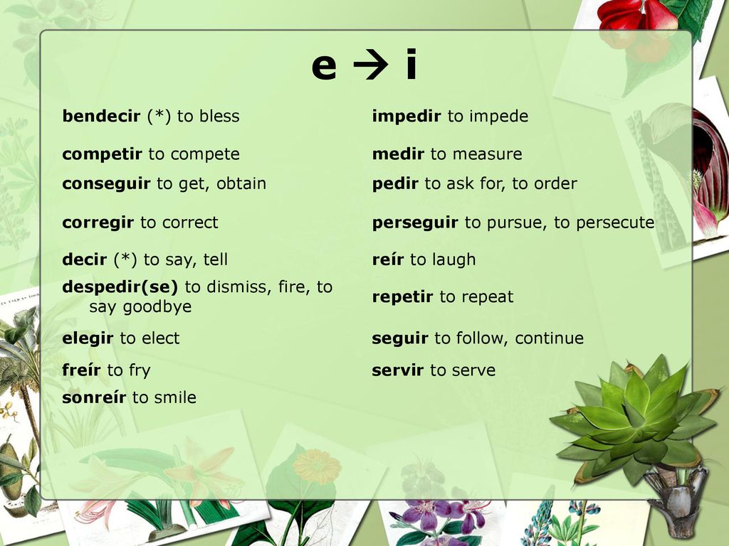 e  i bendecir (*) to bless impedir to impede competir to compete