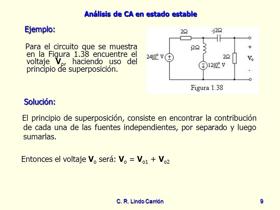 Ejemplo: Para el circuito que se muestra en la Figura 1.38 encuentre el voltaje Vo, haciendo uso del principio de superposición.