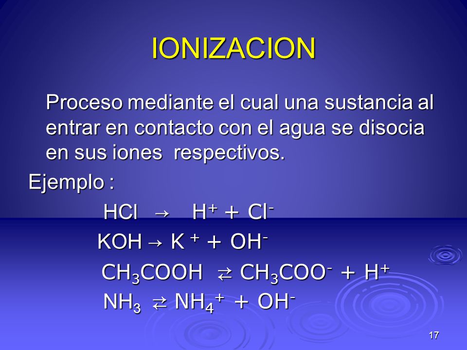 IONIZACION Proceso mediante el cual una sustancia al entrar en contacto con el agua se disocia en sus iones respectivos.