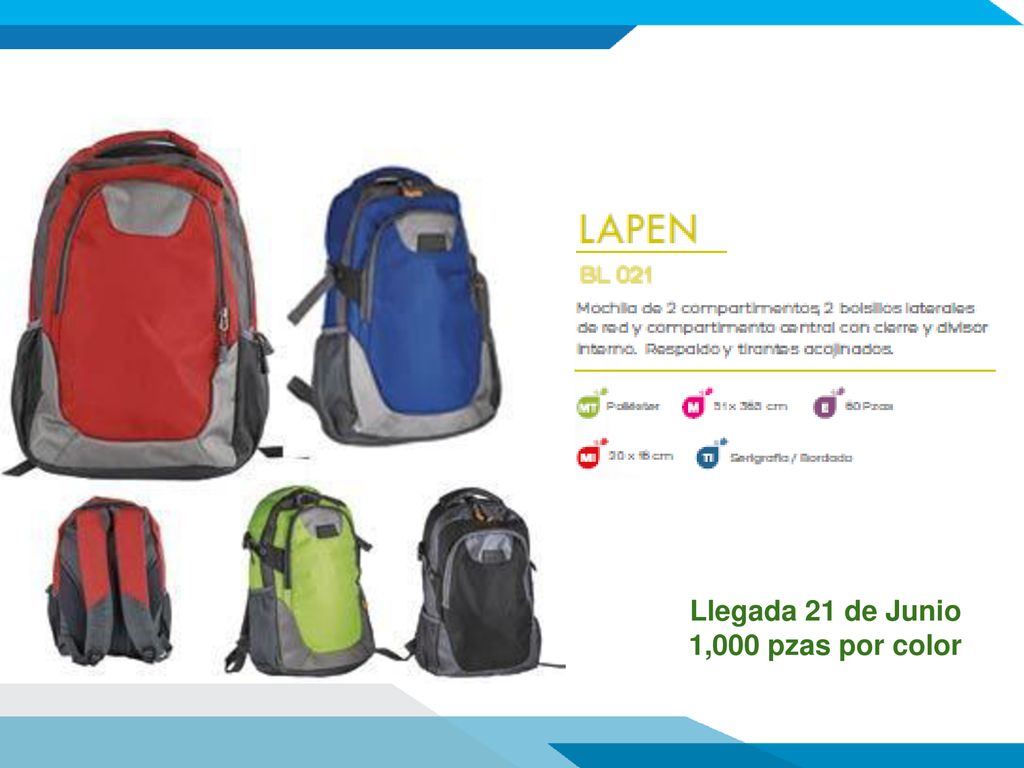 Llegada 21 de Junio 1,000 pzas por color