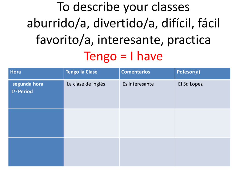 To describe your classes aburrido/a, divertido/a, difícil, fácil favorito/a, interesante, practica Tengo = I have