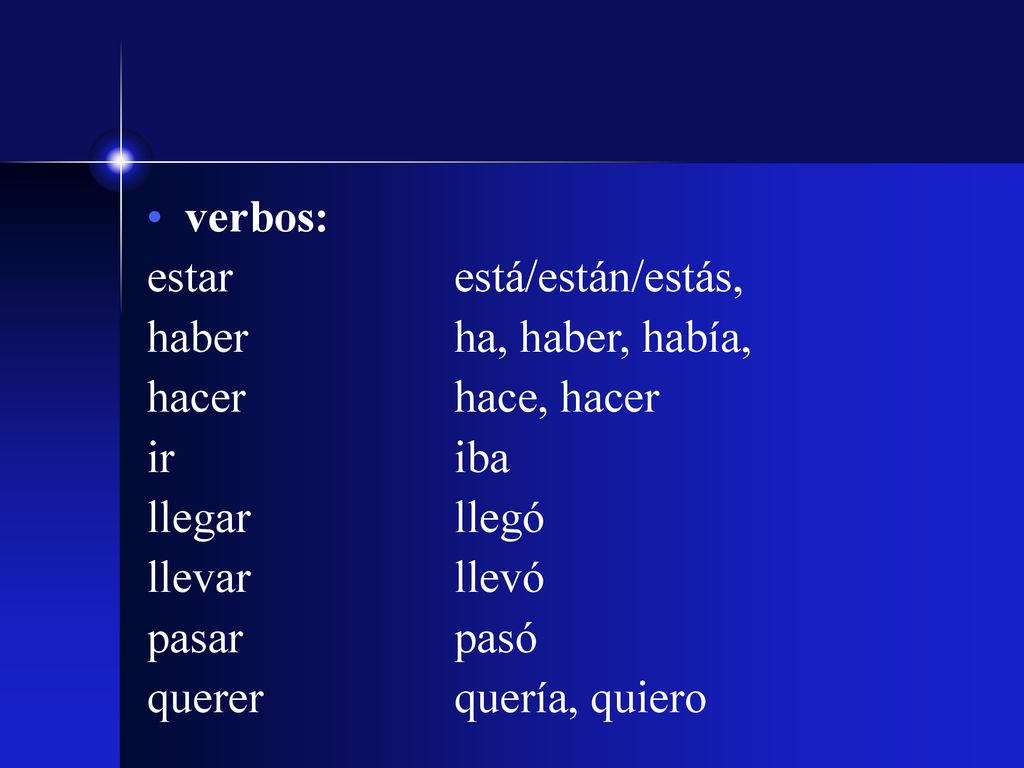 verbos: estar está/están/estás, haber ha, haber, había, hacer hace, hacer. ir iba. llegar llegó.