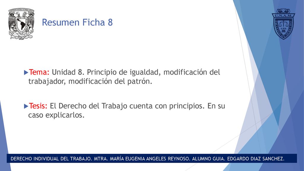 Resumen Ficha 8 Tema: Unidad 8. Principio de igualdad, modificación del trabajador, modificación del patrón.