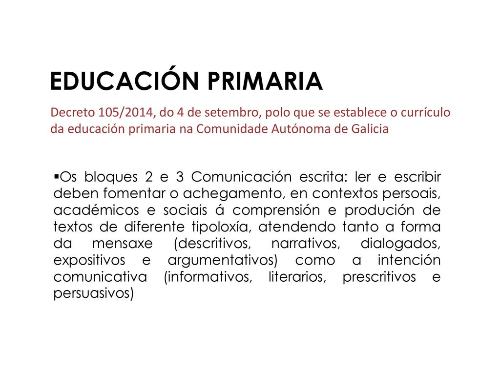 EDUCACIÓN PRIMARIA Decreto 105/2014, do 4 de setembro, polo que se establece o currículo da educación primaria na Comunidade Autónoma de Galicia.