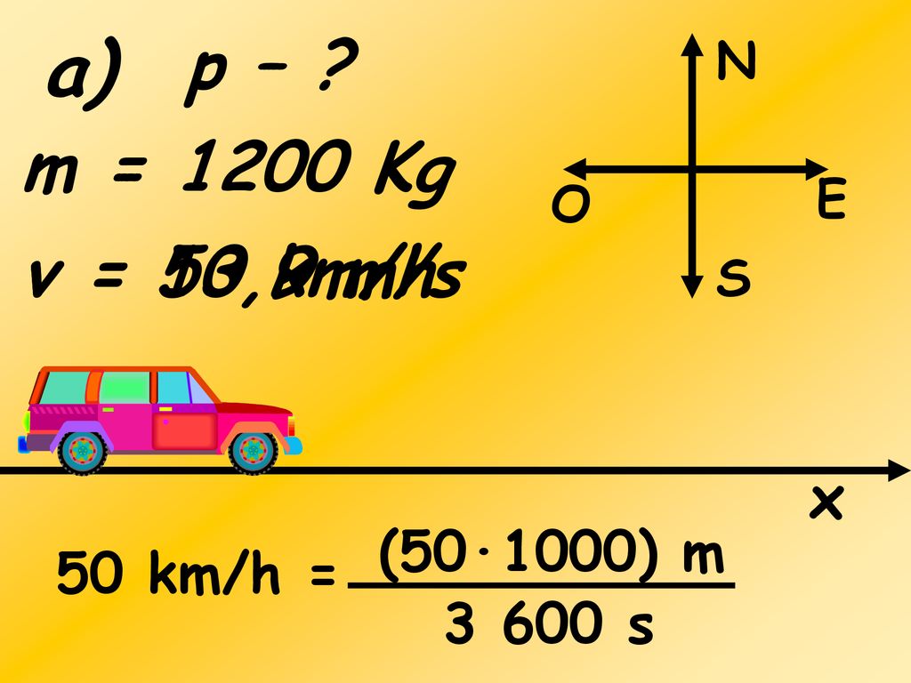a) p – m = 1200 Kg v = 13,9 m/s v = 50 km/h x (50·1000) m 50 km/h =