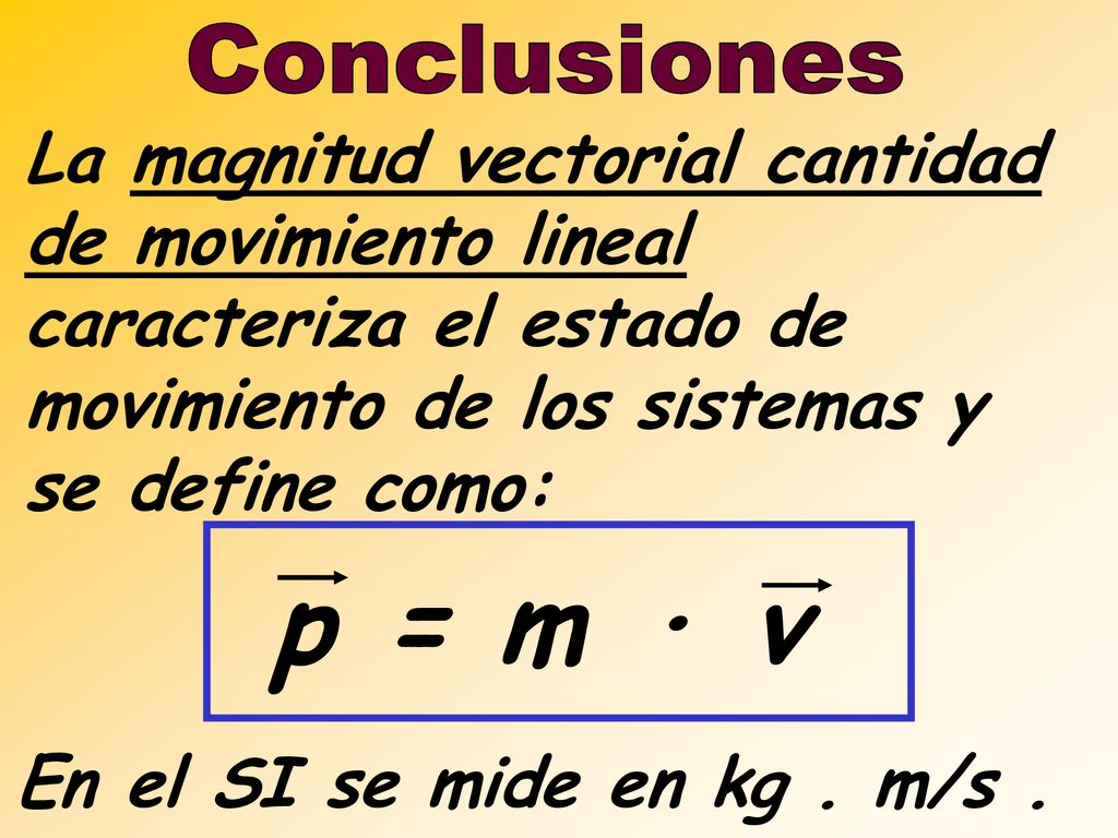 Conclusiones La magnitud vectorial cantidad de movimiento lineal caracteriza el estado de movimiento de los sistemas y se define como: