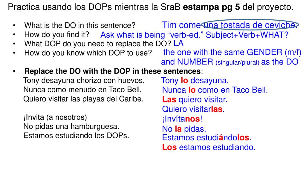 Practica usando los DOPs mientras la SraB estampa pg 5 del proyecto.
