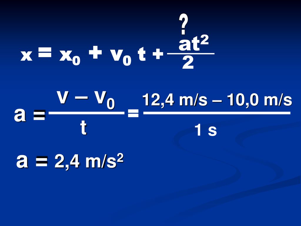 v – v0 a = a = 2,4 m/s2 at2 t 2 x = x0 + v0 t + 12,4 m/s – 10,0 m/s