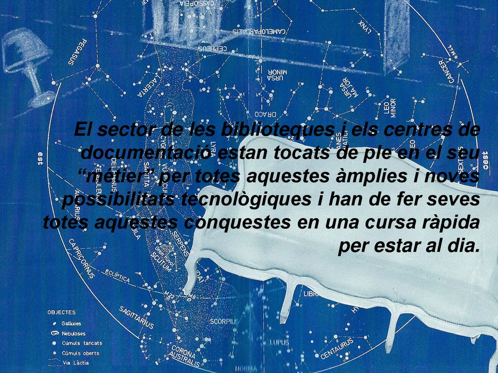 El sector de les biblioteques i els centres de documentació estan tocats de ple en el seu métier per totes aquestes àmplies i noves possibilitats tecnològiques i han de fer seves totes aquestes conquestes en una cursa ràpida per estar al dia.