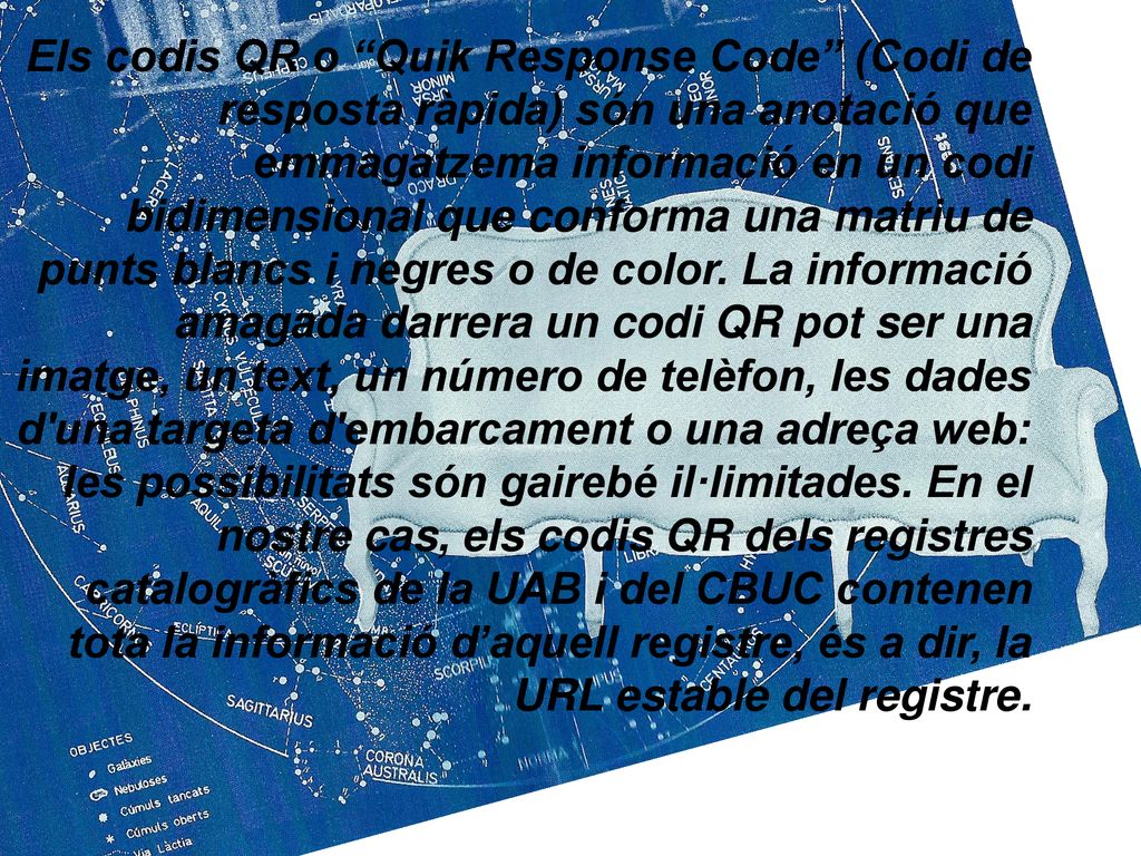 Els codis QR o Quik Response Code (Codi de resposta ràpida) són una anotació que emmagatzema informació en un codi bidimensional que conforma una matriu de punts blancs i negres o de color.