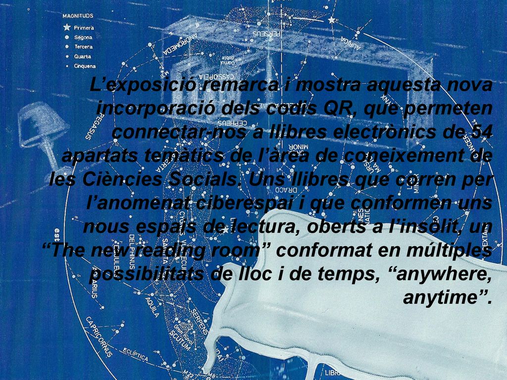 L’exposició remarca i mostra aquesta nova incorporació dels codis QR, que permeten connectar-nos a llibres electrònics de 54 apartats temàtics de l’àrea de coneixement de les Ciències Socials.
