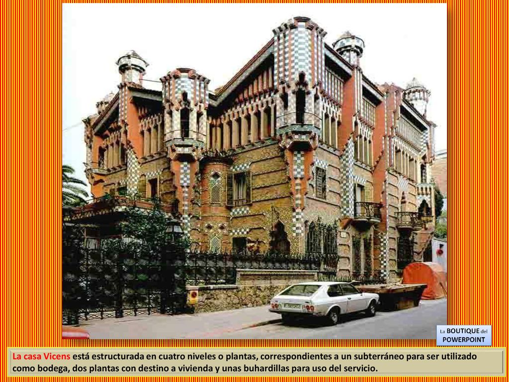 La casa Vicens está estructurada en cuatro niveles o plantas, correspondientes a un subterráneo para ser utilizado como bodega, dos plantas con destino a vivienda y unas buhardillas para uso del servicio.