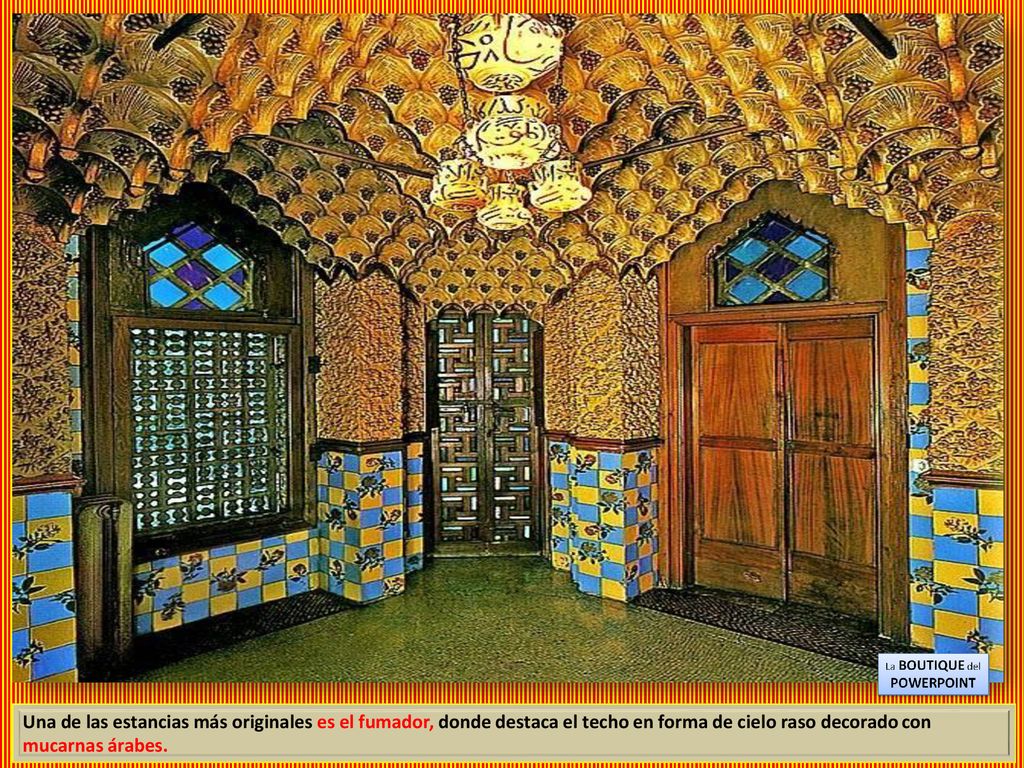 Una de las estancias más originales es el fumador, donde destaca el techo en forma de cielo raso decorado con mucarnas árabes.