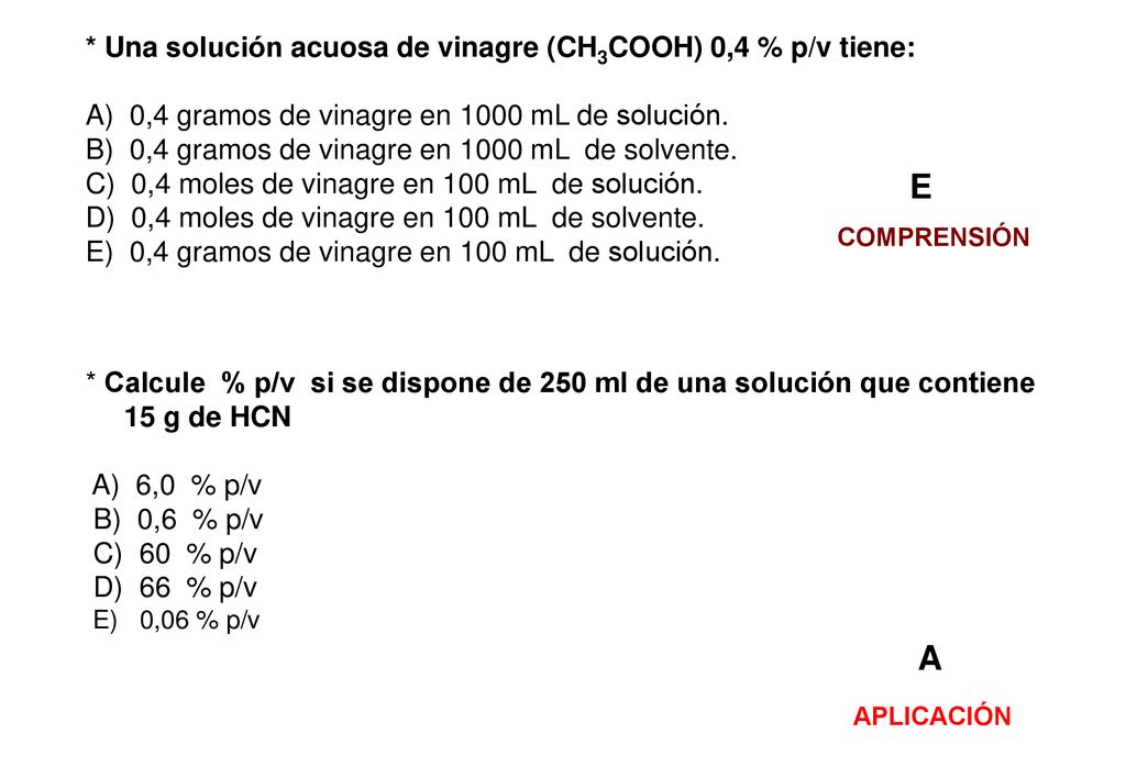 E A * Una solución acuosa de vinagre (CH3COOH) 0,4 % p/v tiene: