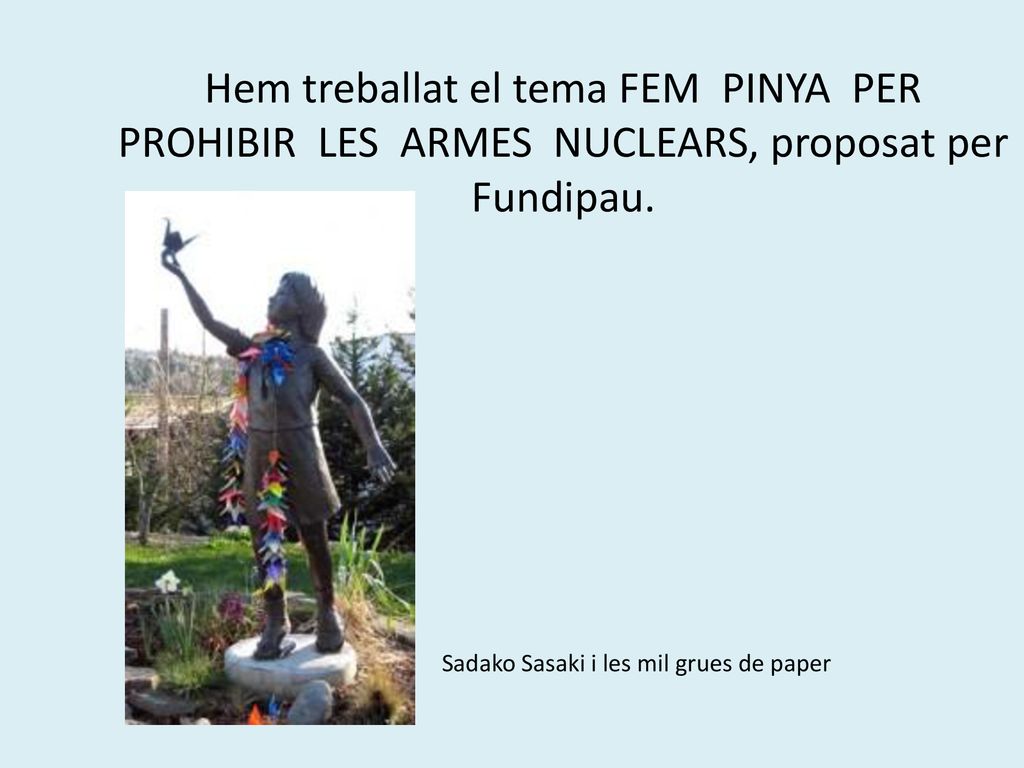 Hem treballat el tema FEM PINYA PER PROHIBIR LES ARMES NUCLEARS, proposat per Fundipau.