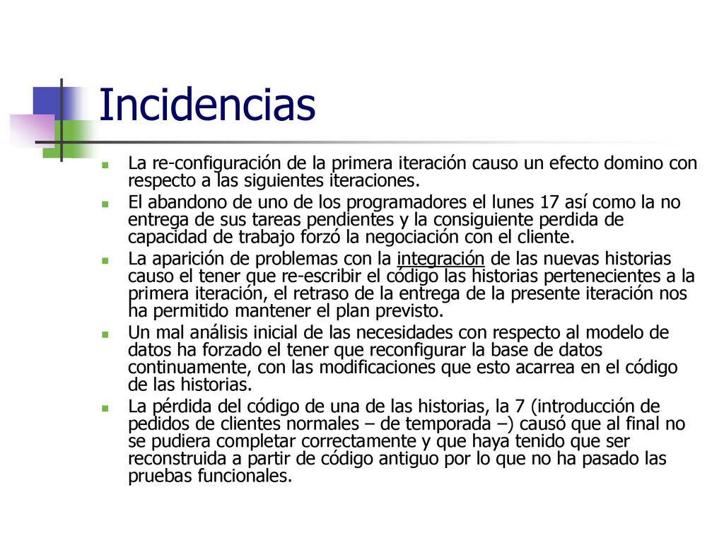 Incidencias La re-configuración de la primera iteración causo un efecto domino con respecto a las siguientes iteraciones.