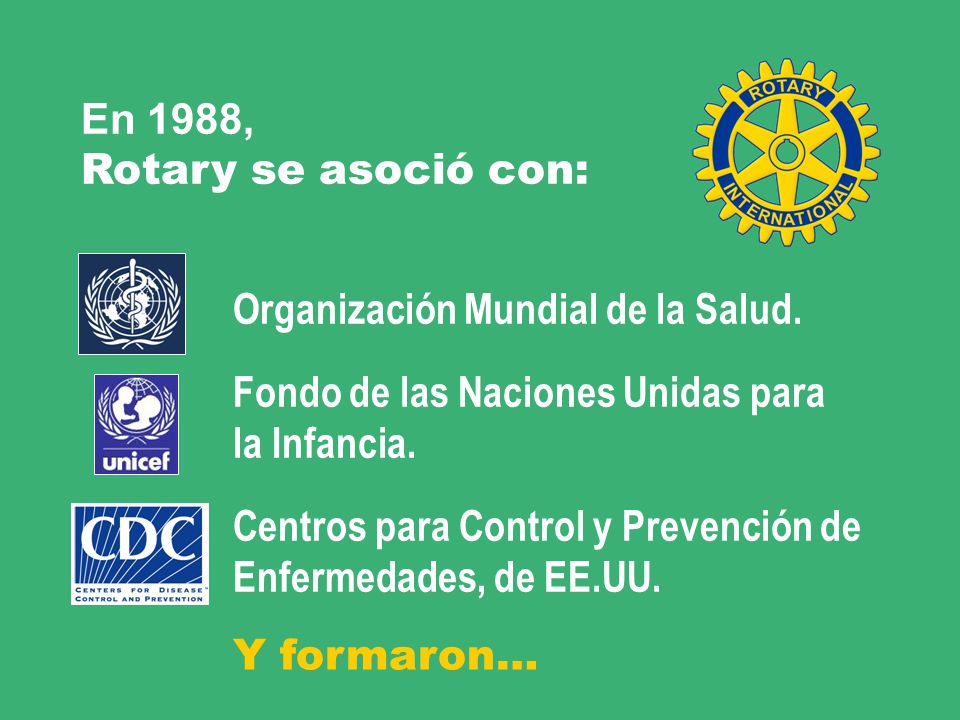 En 1988, Rotary se asoció con: Organización Mundial de la Salud. Fondo de las Naciones Unidas para.