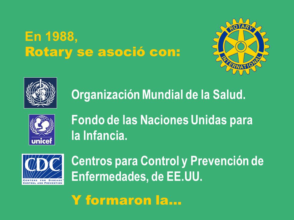 En 1988, Rotary se asoció con: Organización Mundial de la Salud. Fondo de las Naciones Unidas para.
