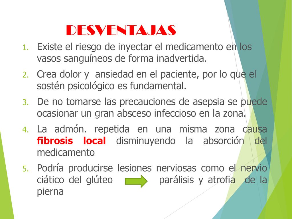 DESVENTAJAS Existe el riesgo de inyectar el medicamento en los vasos sanguíneos de forma inadvertida.