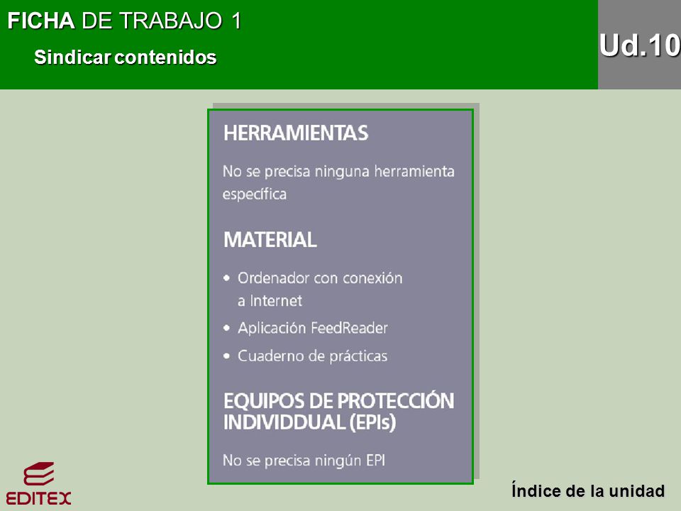 FICHA DE TRABAJO 1 Sindicar contenidos Ud.10 Índice de la unidad