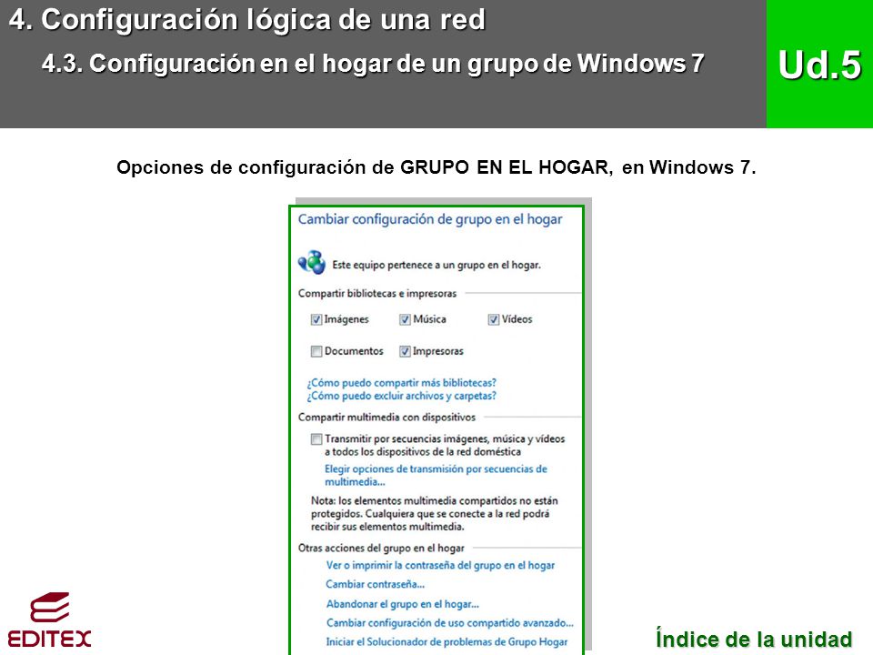 Opciones de configuración de GRUPO EN EL HOGAR, en Windows 7.