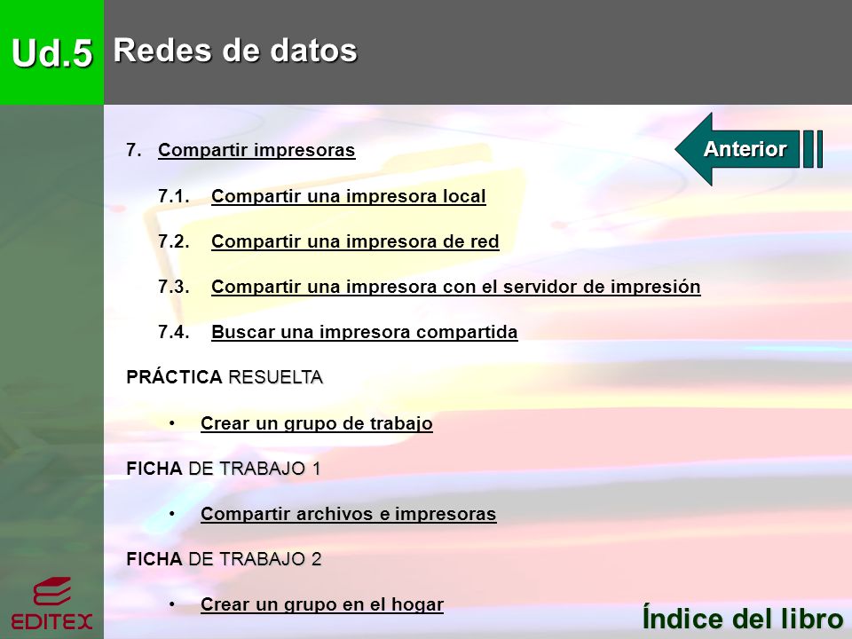 Ud.5 Redes de datos Índice del libro Anterior 7. Compartir impresoras
