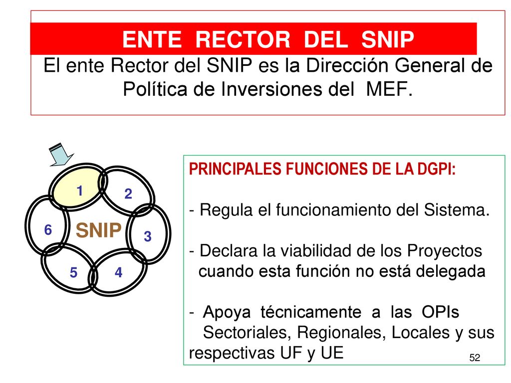 ENTE RECTOR DEL SNIP El ente Rector del SNIP es la Dirección General de Política de Inversiones del MEF.