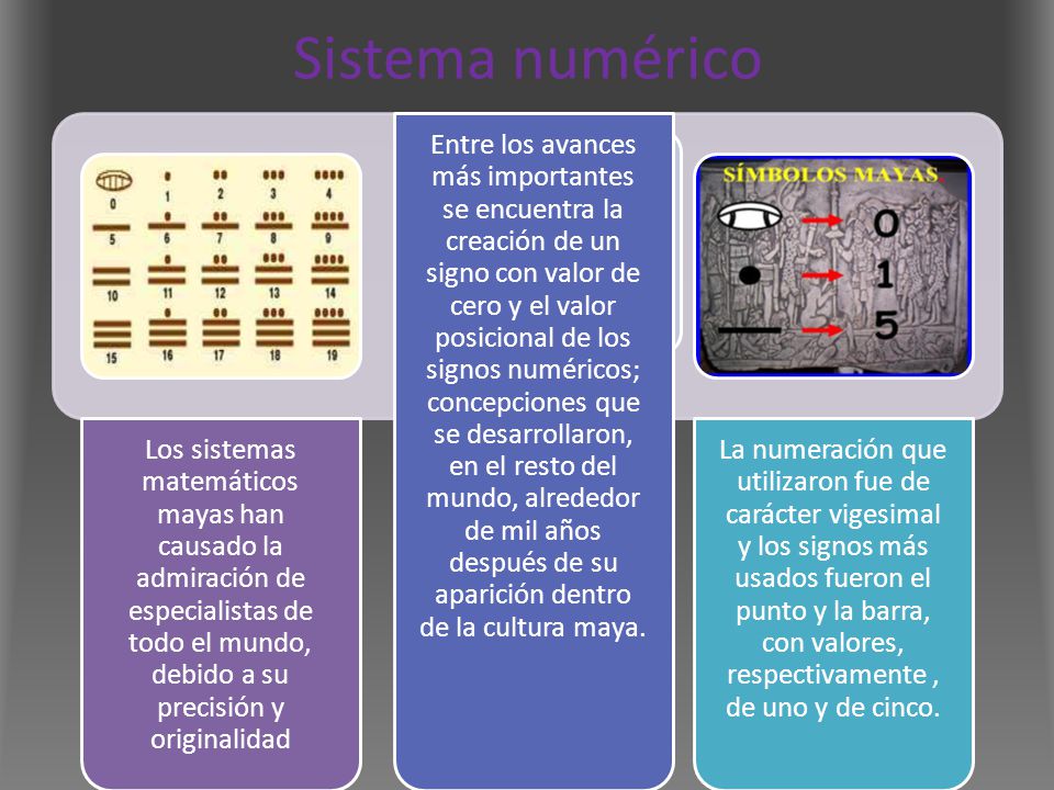 Sistema numérico Los sistemas matemáticos mayas han causado la admiración de especialistas de todo el mundo, debido a su precisión y originalidad.