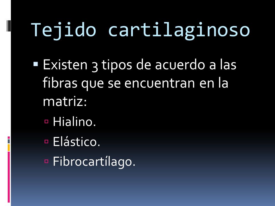 Tejido cartilaginoso Existen 3 tipos de acuerdo a las fibras que se encuentran en la matriz: Hialino.