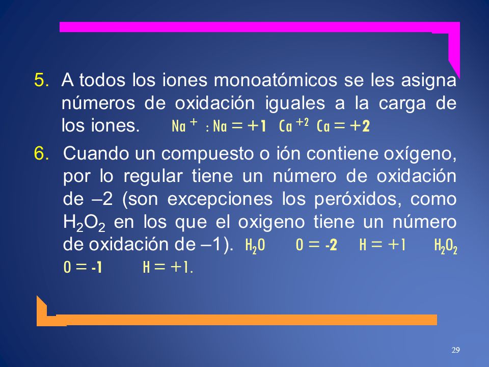 A todos los iones monoatómicos se les asigna números de oxidación iguales a la carga de los iones. Na + : Na = +1 Ca +2 Ca = +2