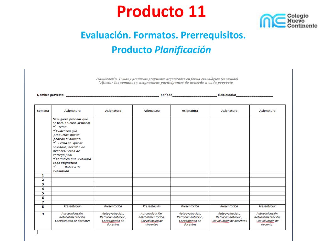 Producto 11 Evaluación. Formatos. Prerrequisitos