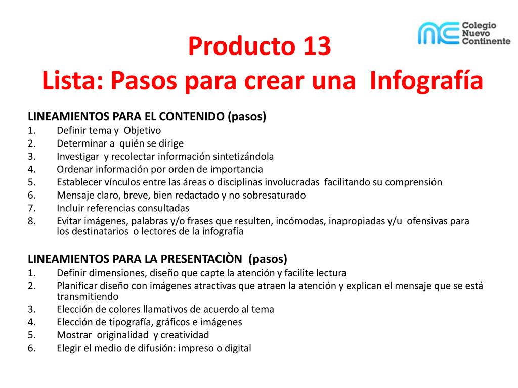 Producto 13 Lista: Pasos para crear una Infografía