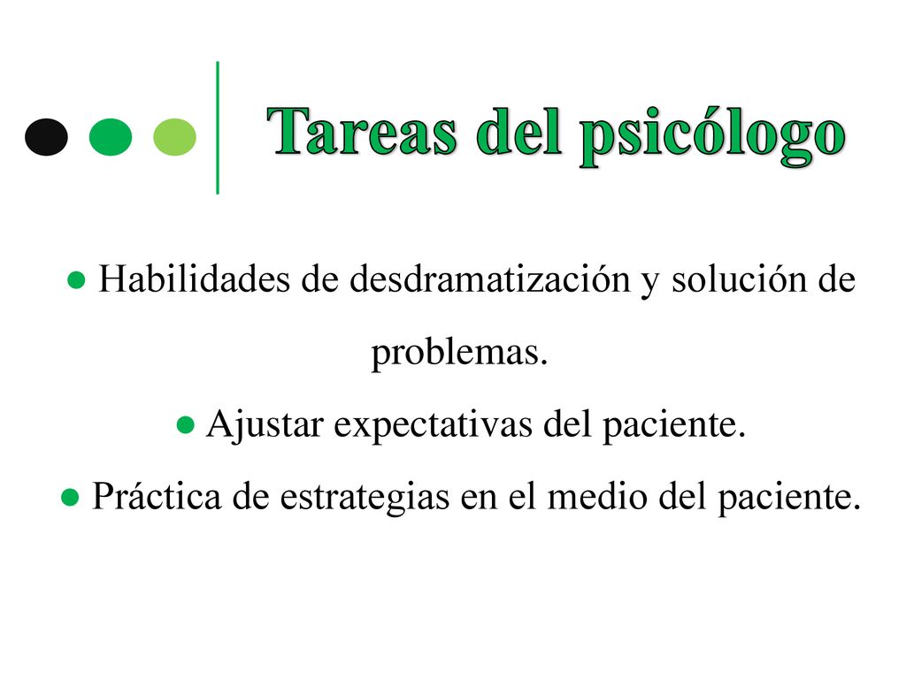 Tareas del psicólogo ● Habilidades de desdramatización y solución de problemas. ● Ajustar expectativas del paciente.