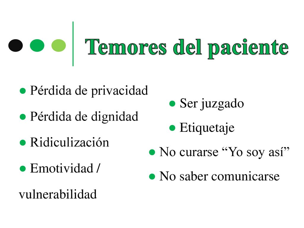Temores del paciente ● Pérdida de privacidad ● Pérdida de dignidad