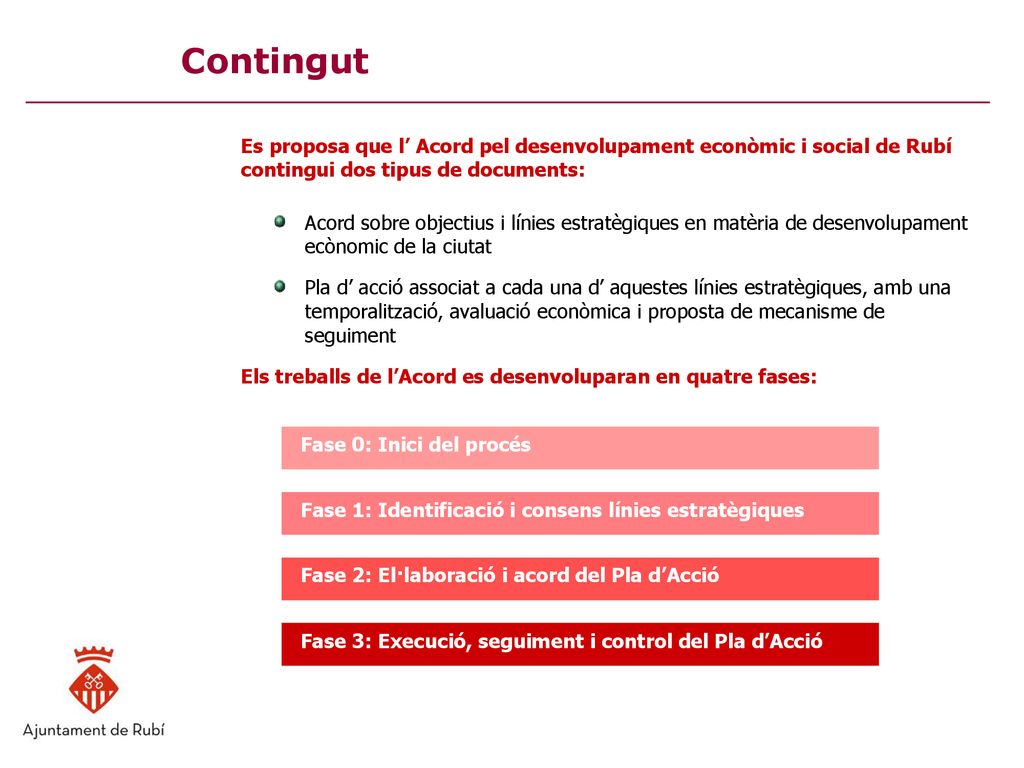 Contingut Es proposa que l’ Acord pel desenvolupament econòmic i social de Rubí contingui dos tipus de documents: