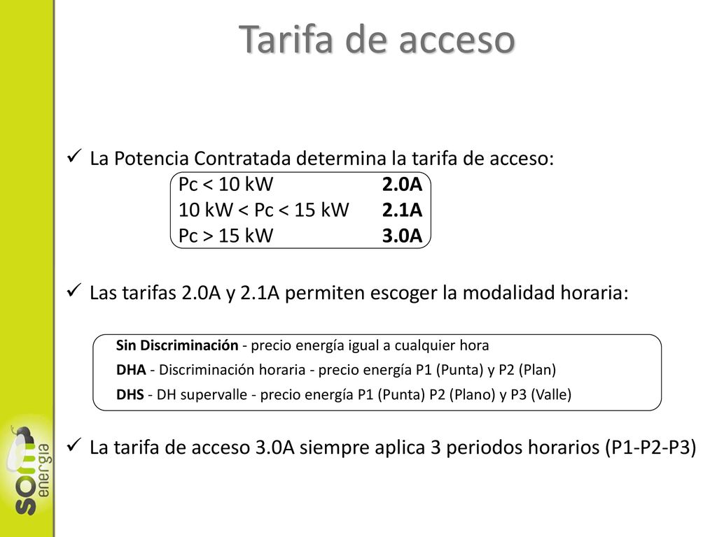 Tarifa de acceso La Potencia Contratada determina la tarifa de acceso: