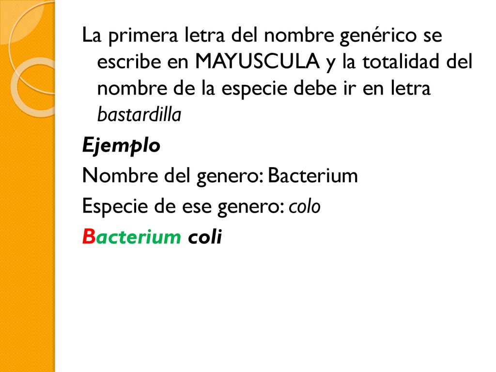 La primera letra del nombre genérico se escribe en MAYUSCULA y la totalidad del nombre de la especie debe ir en letra bastardilla Ejemplo Nombre del genero: Bacterium Especie de ese genero: colo Bacterium coli