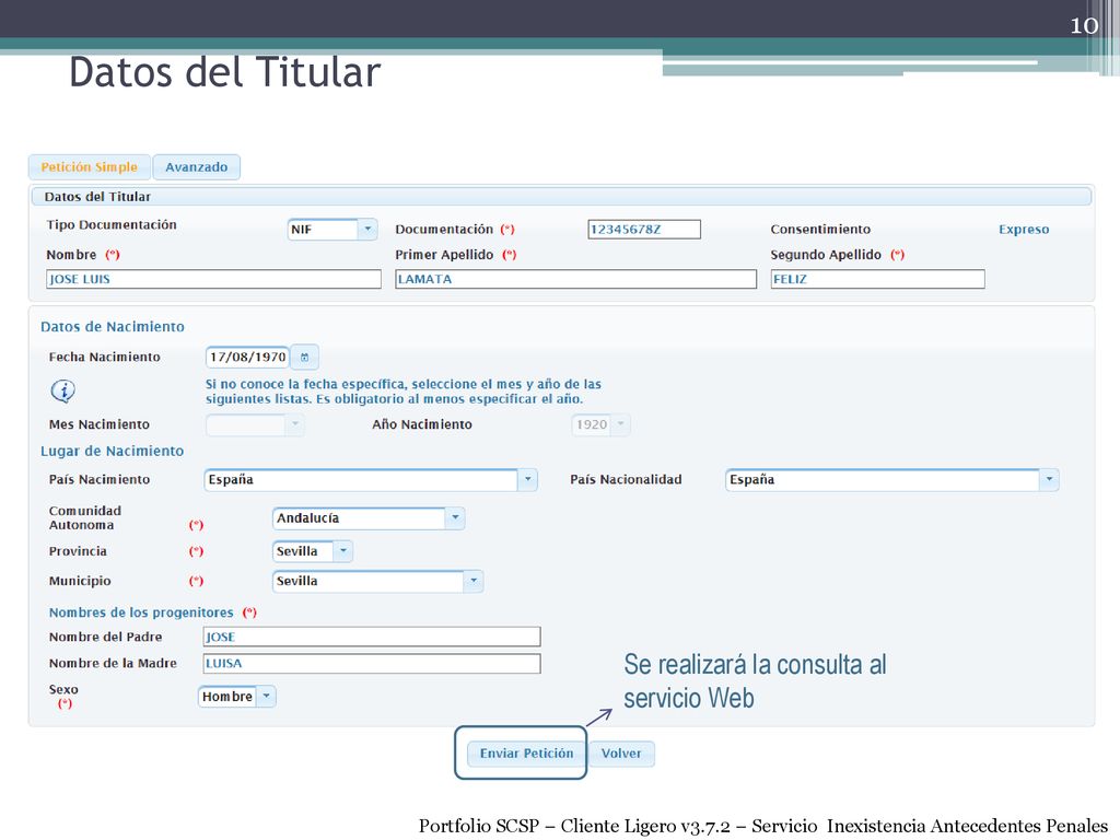 Datos del Titular Se realizará la consulta al servicio Web