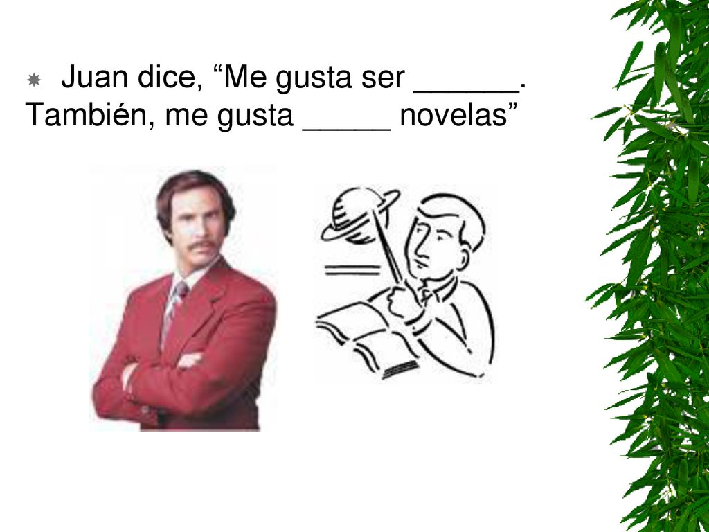 Juan dice, Me gusta ser ______. También, me gusta _____ novelas