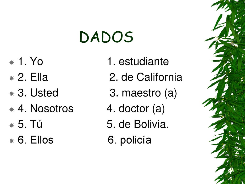 DADOS 1. Yo 1. estudiante 2. Ella 2. de California