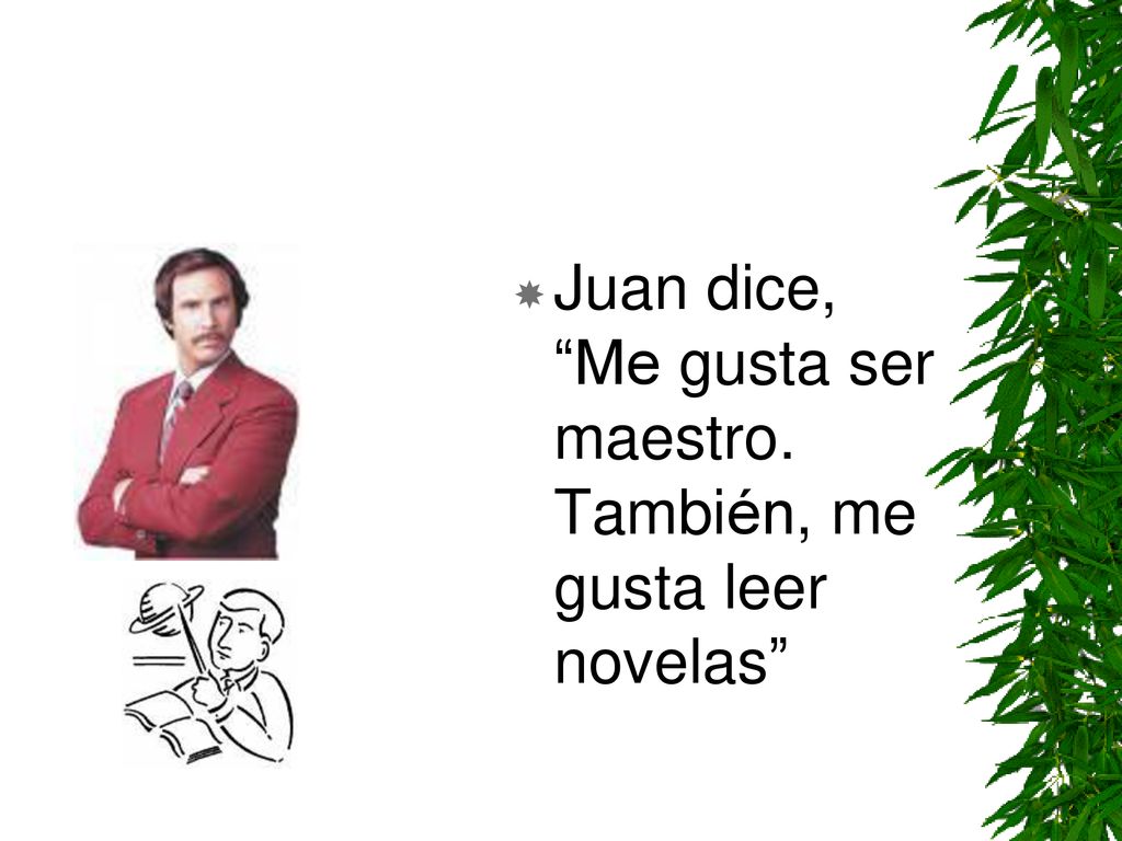 Juan dice, Me gusta ser maestro. También, me gusta leer novelas