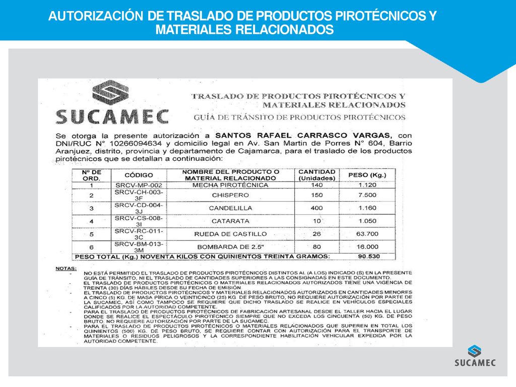 AUTORIZACIÓN DE TRASLADO DE PRODUCTOS PIROTÉCNICOS Y MATERIALES RELACIONADOS