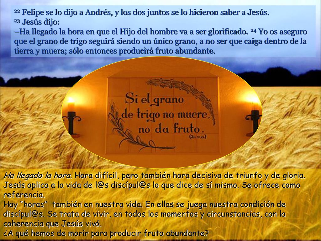 22 Felipe se lo dijo a Andrés, y los dos juntos se lo hicieron saber a Jesús. 23 Jesús dijo: –Ha llegado la hora en que el Hijo del hombre va a ser glorificado. 24 Yo os aseguro que el grano de trigo seguirá siendo un único grano, a no ser que caiga dentro de la tierra y muera; sólo entonces producirá fruto abundante.
