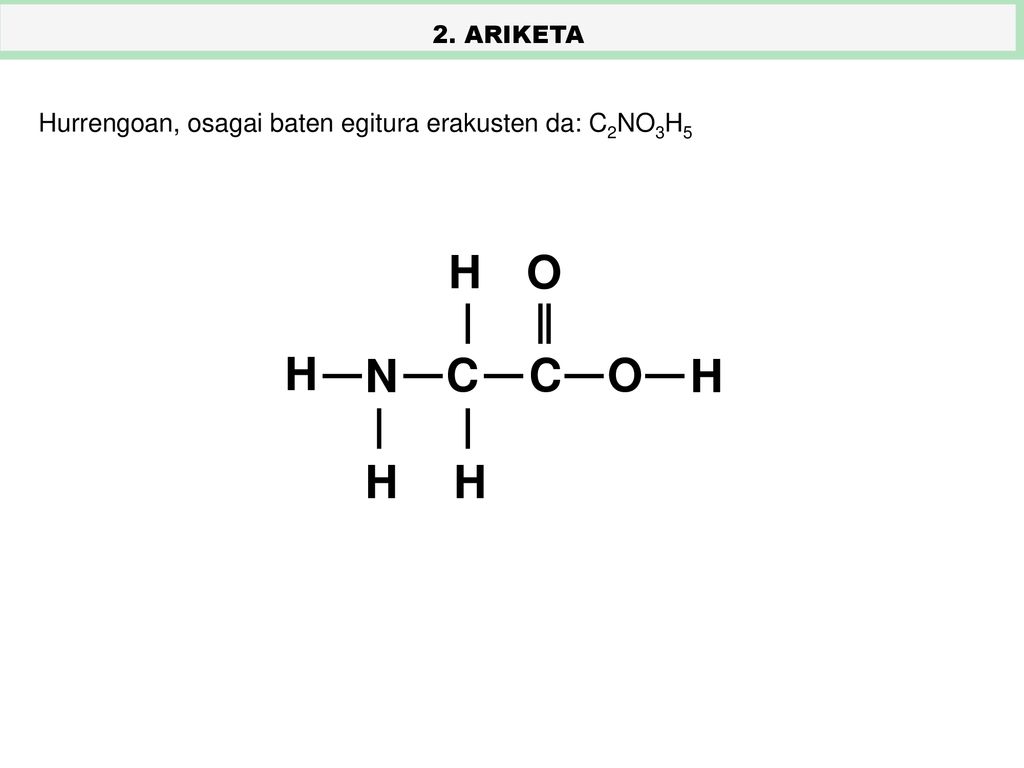 N C H O Hurrengoan, osagai baten egitura erakusten da: C2NO3H5