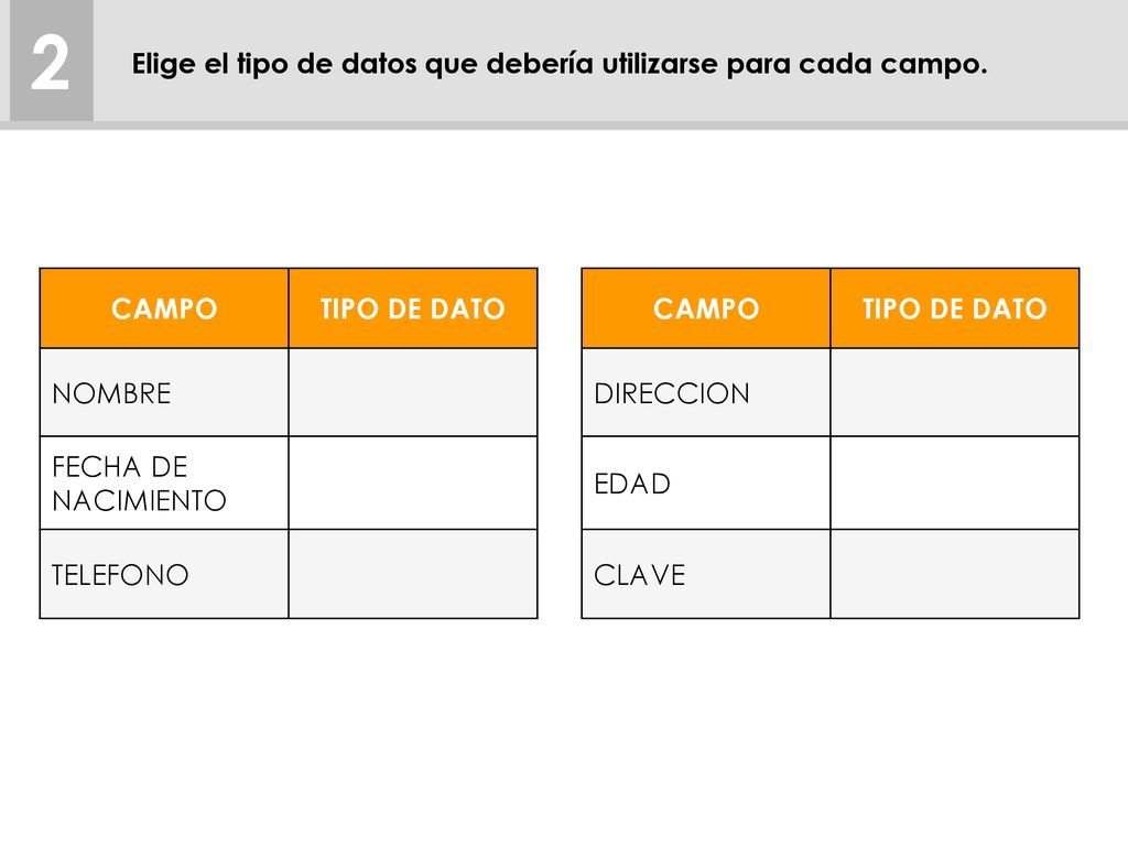 2 Elige el tipo de datos que debería utilizarse para cada campo. CAMPO